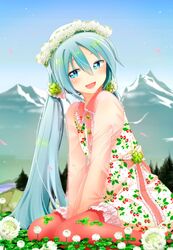  1girl agonasubi aqua_eyes aqua_hair clover clover_(flower) dress flower hatsune_miku head_wreath long_hair mountain pantyhose pink_legwear sitting solo twintails vocaloid wariza 