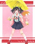  1girl :d backpack bag bakemonogatari bandaid black_hair blush bracelet cosplay hachikuji_mayoi hachikuji_mayoi_(cosplay) hairband jewelry love_live!_school_idol_project monogatari_(series) open_mouth red_eyes satsuma_age smile twintails umbrella yazawa_nico 