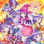  &gt;_&lt; 5girls bear black_gloves black_hat black_legwear bow bracelet choker closed_eyes creature cure_magical frills frown gloves hair_bow hat hat_bow izayoi_liko jewelry kneehighs long_hair looking_at_viewer magical_girl mahou_girls_precure! mini_hat mini_witch_hat mofurun_(mahou_girls_precure!) multiple_girls multiple_persona orange_background pink_hat pink_shoes pink_skirt plaid plaid_bow precure purple_hair red_bow ruby_style sapphire_style shirase_ayako_(ho_shiraya) shoes skirt sparkle striped striped_bow tears topaz_style twintails twitter_username violet_eyes witch_hat wrist_cuffs 