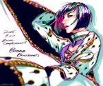  1boy bangs black_hair bruno_bucciarati character_name chromatic_aberration dated foreshortening hair_ornament happy_birthday jojo_no_kimyou_na_bouken male_focus meron_nouka solo twitter_username violet_eyes zipper 