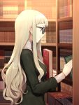  1girl aikatsu! blonde_hair book bookshelf glasses green_eyes highres hitoto library long_hair long_sleeves smile solo toudou_yurika 
