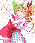  2girls blush brown_hair cake closed_eyes food fukuhara_ann green_hair kiss long_hair morizono_wakana multiple_girls mytyl pretty_rhythm pretty_rhythm_rainbow_live short_hair yuri 