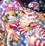  1girl american_flag_legwear american_flag_shirt ass astronaut_helmet blonde_hair blueberry cake candy chocolate_bar clownpiece cookie cube cupcake doughnut earth flag food fruit fuente gummy_worm jelly_bean kiwifruit lime_(fruit) lollipop moon no_text patch pudding red_eyes solo space spray_paint star_(sky) strawberry thigh-highs touhou 