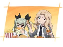  anchovy blonde_hair blue_eyes food girls_und_panzer green_hair hamburger kay_(girls_und_panzer) pizza popcorn 