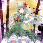  1girl 47agdragon bamboo blush bow breasts dress ex-keine full_moon green_dress green_hair horn_bow horns kamishirasawa_keine large_breasts looking_at_viewer moon open_mouth red_eyes short_sleeves smile solo touhou 