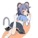  1girl animal_ears capelet cato_(monocatienus) cheese commentary_request eating grey_hair leg_up looking_at_viewer looking_back lying mouse_ears mouse_tail nazrin on_stomach open_mouth red_eyes shirt skirt solo tail touhou 
