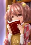  1girl ahoge apron bell blush book bookshelf brown_hair evandragon hair_bell hair_ornament highres japanese_clothes kimono looking_at_viewer motoori_kosuzu peeking_out reading red_eyes short_hair sitting solo touhou two_side_up 