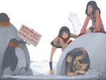  3girls akinbo_(hyouka_fuyou) bird black_hair brown_eyes coat igloo long_hair looking_at_another multiple_girls open_mouth original penguin sign sitting skirt snow translation_request 