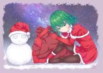  1girl green_eyes green_hair highres onepunch_man saitama_(onepunch_man) santa_costume short_hair solo tatsumaki 