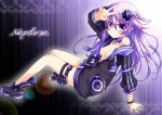  1girl absurdres adult_neptune ankle_boots bangle blush boots bracelet breasts character_name cleavage collarbone hair_ornament highres hood hooded_track_jacket jacket jewelry long_hair neptune_(series) off_shoulder purple_hair shin_jigen_game_neptune_vii smile solo track_jacket v violet_eyes zero-theme 