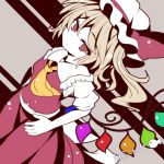  1girl artist_name ascot bat_wings beni_shake blonde_hair bow crystal flandre_scarlet hat hat_bow hat_ribbon mob_cap puffy_short_sleeves puffy_sleeves red_eyes ribbon short_sleeves side_ponytail simple_background skirt skirt_set solo touhou wings wrist_cuffs 