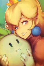  1girl blonde_hair blue_eyes crown doxy earrings gloves hair_between_eyes jewelry lips long_hair super_mario_bros. object_hug portrait princess_peach smile solo super_mario_bros. turnip vegetable white_gloves 