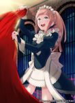  1girl 40hara :d apron blue_eyes brown_hair company_name felicia_(fire_emblem_if) fire_emblem fire_emblem_cipher fire_emblem_if gem long_hair maid maid_apron maid_headdress official_art open_mouth ponytail smile solo sparkle 