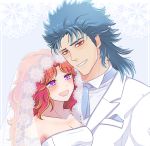  blue_hair breasts bridal_veil brown_eyes cleavage dress grin hokuto_no_ken mamiya mayuzumi open_mouth redhead rei_(hokuto_no_ken) smile strapless_dress tuxedo veil violet_eyes wedding_dress 