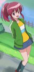  1girl :d aino_megumi arms_behind_back happinesscharge_precure! haruyama_kazunori jacket open_mouth panties ponytail precure red_eyes redhead short_hair skirt smile solo underwear 