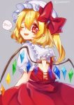  1girl ;d blonde_hair blush crystal demon_wings flandre_scarlet from_behind kyouda_suzuka looking_at_viewer looking_back one_eye_closed open_mouth red_eyes smile solo tagme touhou wings 