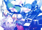  1girl absurdres belt blue_eyes braid breasts chisato_kirin cleavage cover cover_page doujin_cover gloves hair_ornament hairclip highres large_breasts lips mecha robot seolla_schweizer short_hair silver_hair skirt solo super_robot_wars super_robot_wars_original_generation 