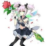  1girl black_legwear black_ribbon breasts cleavage detached_sleeves dragon_collection flower green_eyes hair_ribbon holding_weapon long_hair maromi_(am97) ribbon silver_hair simple_background solo thigh-highs twintails white_background 