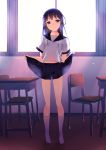  1girl akesaka_iku backlighting bangs chair classroom closed_mouth desk full_body indoors kneehighs legs_apart lifted_by_self long_hair looking_at_viewer messy_hair miniskirt no_shoes original pleated_skirt purple_hair school_desk school_uniform see-through serafuku short_sleeves skirt skirt_lift smile solo standing untied violet_eyes white_blouse white_legwear window 