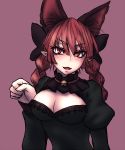  1girl animal_ears bell blush braid cat_ears cleavage_cutout extra_ears fang hair_ornament hair_ribbon kaenbyou_rin long_hair long_sleeves looking_at_viewer miata_(pixiv) open_mouth pointy_ears puffy_sleeves purple_background red_eyes redhead ribbon smile solo touhou twin_braids upper_body 