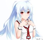  1girl isla_(plastic_memories) keenh long_hair looking_at_viewer plastic_memories red_eyes signature silver_hair simple_background solo white_background 