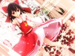  1girl 3d clock flower hakurei_reimu highres japanese_clothes kurogoma_(glassesgurasan) miko mikumikudance petals red_rose rose rose_petals solo touhou 