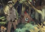  2boys bangs baseball_cap blue_eyes bracelet brown_hair bush chain collared_shirt emolga fang foongus forest from_behind green_hair hair_between_eyes hat hood jewelry khakis layered_clothing linaria_(ookinahitomi) long_hair looking_at_another male_focus multiple_boys n_(pokemon) nature necklace outdoors plant pokemon pokemon_(creature) pokemon_(game) pokemon_bw ponytail shirt smile touya_(pokemon) tree turtleneck zorua 