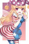  1girl :d american_flag_legwear american_flag_shirt blush breasts clownpiece fairy_wings fangs finger_to_cheek hat highres jester_cap long_hair looking_at_viewer open_mouth pantyhose papo smile solo touhou very_long_hair violet_eyes wings 