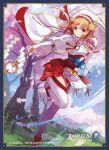  armor blonde_hair cape cherry_blossoms fire_emblem fire_emblem_if hair_ornament hairband hand_on_own_chest japanese_clothes looking_at_viewer petals red_eyes sakura_(fire_emblem_if) short_hair smile staff thigh-highs zettai_ryouiki 
