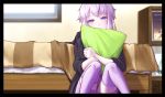  1girl long_hair looking_at_viewer pillow pillow_hug purple_hair sitting smile solo technoheart thigh-highs violet_eyes vocaloid yuzuki_yukari 