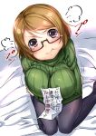  1girl ajishio black_legwear breast_lift breasts brown_hair crossed_arms fume grey_eyes koizumi_hanayo large_breasts long_sleeves looking_at_viewer love_live!_school_idol_project no_pants pantyhose pout ribbed_sweater sign sitting solo sweater tears translation_request wariza 