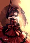  1girl black_hair clock_eyes date_a_live dress hairband heterochromia highres lolita_hairband long_hair open_mouth red_dress red_eyes signature solo swd3e2 tokisaki_kurumi twintails 