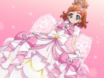  1girl blue_eyes blush choker dress earrings gloves go!_princess_precure haruno_haruka highres jewelry pink_background poncho_s precure redhead short_hair smile solo tiara white_gloves 