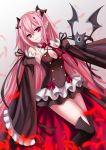  1girl absurdres black_dress boots dress feathers flying highres krul_tepes monster no_bra owari_no_seraph pink_eyes pink_hair pointy_ears ribbon smile solo twintails yoneyu 