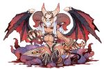  1girl blue_hair breasts center_opening claws dark_skin demon_girl demon_tail fang fullbokko_heroes horns large_breasts long_hair navel pointy_ears red_eyes shigatake smile squatting sword tail tentacles weapon wings 