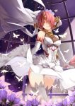  1girl berserker_of_black blue_eyes bouquet breasts butterfly center_frills cleavage cross_print dome dress dress_lift fate/apocrypha fate/grand_order fate_(series) flower glass gloves grey_legwear hair_over_eyes head_wreath heterochromia highres horn jh lace long_dress night night_sky petals pink_hair purple_flower rose see-through sky sleeveless sleeveless_dress solo thigh-highs thigh_gap transparent upskirt veil white_dress white_gloves wind wind_lift yellow_eyes 