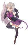  1girl alternate_costume contemporary dress elbow_gloves gloves highres i.f.s.f idol irony jacket kishin_sagume microphone necktie open_mouth purple_dress red_eyes short_hair silver_hair single_wing sleeveless solo touhou wings 