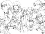  1girl 2girls alisa_ilinichina_amiella black_gloves black_hair breasts cabbie_hat elbow_gloves fingerless_gloves gloves god_eater god_eater_2:_rage_burst god_eater_burst hat long_hair looking_at_viewer miyasumi_(jam_session) monochrome multiple_boys multiple_girls player_(god_eater_burst) short_hair silver_hair sketch under_boob 