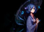  1girl alternate_costume blue_eyes blue_hair butterfly_on_hand cirno darkness floral_print flower hair_flower hair_ornament highres ice ice_wings japanese_clothes kimono kiyomasa_ren looking_at_viewer oriental_umbrella smile solo touhou umbrella wide_sleeves wings 