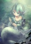  1girl bare_shoulders blue_eyes blue_hair breasts bubble cleavage collarbone fish head_fins highres japanese_clothes kimono long_sleeves mermaid monster_girl obi off_shoulder ribbon sash short_hair smile solo ti_owo touhou underwater wakasagihime wide_sleeves 
