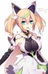  1girl blonde_hair breasts dress elbow_gloves fang gen&eacute;_(pso2) gloves green_eyes green_hair hair_between_eyes headgear large_breasts long_hair multicolored_hair muryou open_mouth phantasy_star phantasy_star_online_2 smile solo twintails two-tone_hair 