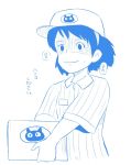  box carrying commentary_request hat jiji_(majo_no_takkyuubin) kiki majo_no_takkyuubin monochrome short_hair short_sleeves sketch sweat translation_request uniform yano_toshinori 