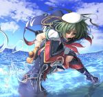  1girl aiguillette black_boots boots cape eyepatch foreshortening green_eyes green_hair hat highres kantai_collection kiso_(kantai_collection) looking_at_viewer machinery maimu_(gol-em-1226) neckerchief ocean pleated_skirt remodel_(kantai_collection) saber_(weapon) sailor_collar sailor_hat skirt smile solo sword weapon white_skirt 