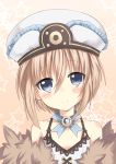  1girl absurdres bare_shoulders blanc blue_eyes blush brown_hair close-up fur_trim hat highres looking_at_viewer neptune_(series) short_hair smile solo zero-theme 