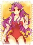  1girl angela_(seiken_densetsu_3) breasts cleavage cowboy_shot crown dress earrings elbow_gloves framed gloves jewelry long_hair mayuzumi open_mouth purple_hair red_dress red_eyes seiken_densetsu seiken_densetsu_3 solo 