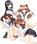  4girls :d all_fours barefoot black_hair blue_eyes blush brown_eyes brown_hair crab feet grin highres kosumo legs long_hair multiple_girls open_mouth original outstretched_arms pleated_skirt red_eyes school_uniform serafuku short_hair simple_background sitting skirt smile soles sweatdrop toes twintails white_background 