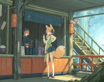  1girl animal_ears bare_legs blue_eyes detached_sleeves dress fox_ears headphones hood hoodie original poco_(asahi_age) pointing pointing_up sandals shop stairs tail 