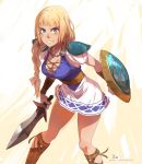  1girl angry blonde_hair blue_eyes braid breasts cleavage jpeg_artifacts large_breasts shield solo sophitia_alexandra soulcalibur sword thighs weapon xavier_houssin 