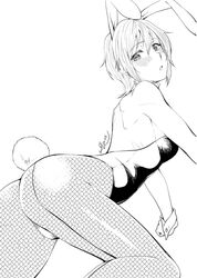  1girl anastasia_(idolmaster) animal_ears bare_shoulders blush breasts bunny_girl bunny_tail bunnysuit cleavage detached_collar fake_animal_ears fishnet_pantyhose fishnets idolmaster idolmaster_cinderella_girls jin_nai monochrome pantyhose rabbit_ears short_hair solo tail wrist_cuffs 