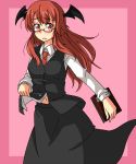  1girl :o bat_wings bespectacled book border collared_sleeves dress_shirt glasses head_wings holding holding_book keruto koakuma long_sleeves looking_at_viewer navel necktie pink_background red-framed_glasses red_eyes red_necktie redhead semi-rimless_glasses shirt shirt_lift simple_background skirt skirt_set touhou vest white_shirt wings 